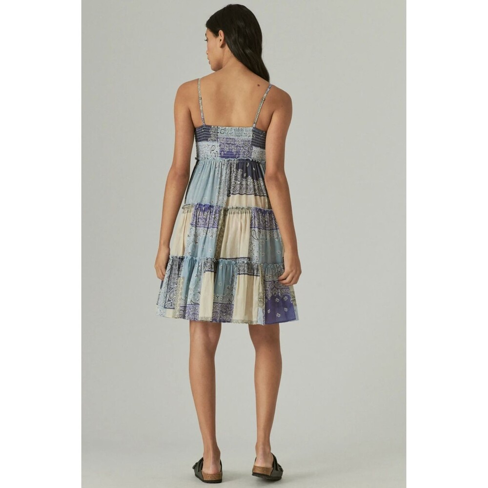 Lucky Brand Babydoll Tiered Dress Sz L Boho Festival Y2K Blue Patchwork Cotton - Picture 9 of 16